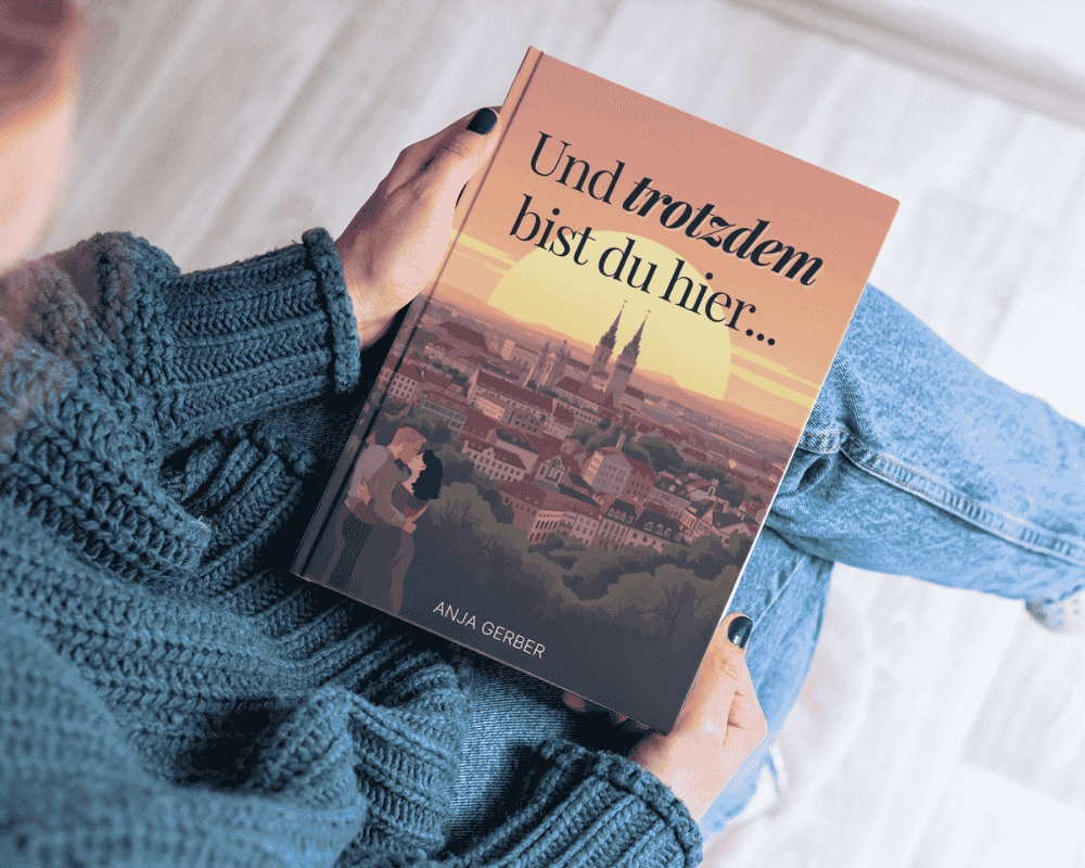 Eine Person in einem blauen Strickpullover hält ein Buch mit dem Titel „Und trotzdem bist du hier…“ von Anja Gerber in den Händen. Auf dem Cover ist eine romantische Illustration von München bei Sonnenuntergang zu sehen, mit einem sich umarmenden Paar im Vordergrund und den Türmen der Frauenkirche im Hintergrund.